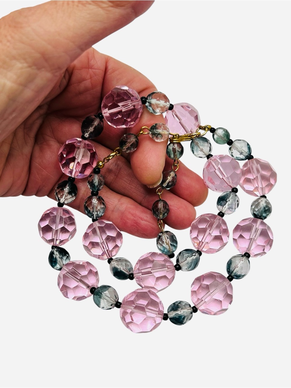 Vintage Pink Faceted Glass Bead and Givre’ Glass Adjustable Necklace
